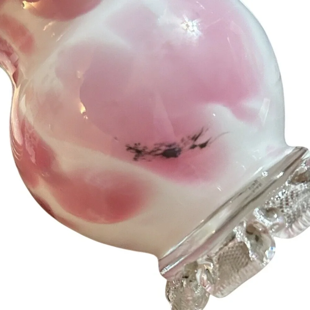 Vintage Pink and White Slag Glass Ruffled Bud Vases with Clover Base Set of 2